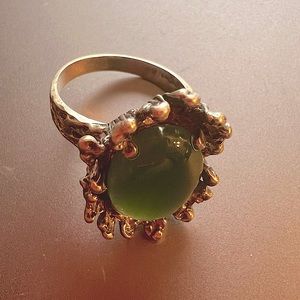 Jade stone gold coated sterling antique cocktail ring size 9